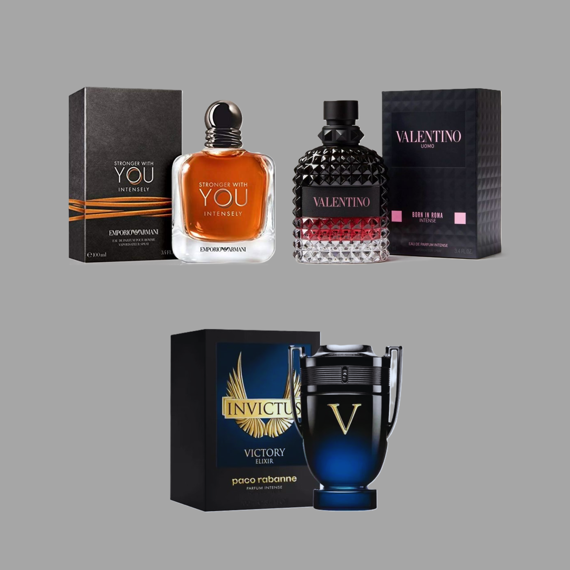 Combo diseñador (Stronger With You Intensely + Valentino Born In Roma Intense + Invictus Victory Elixir)