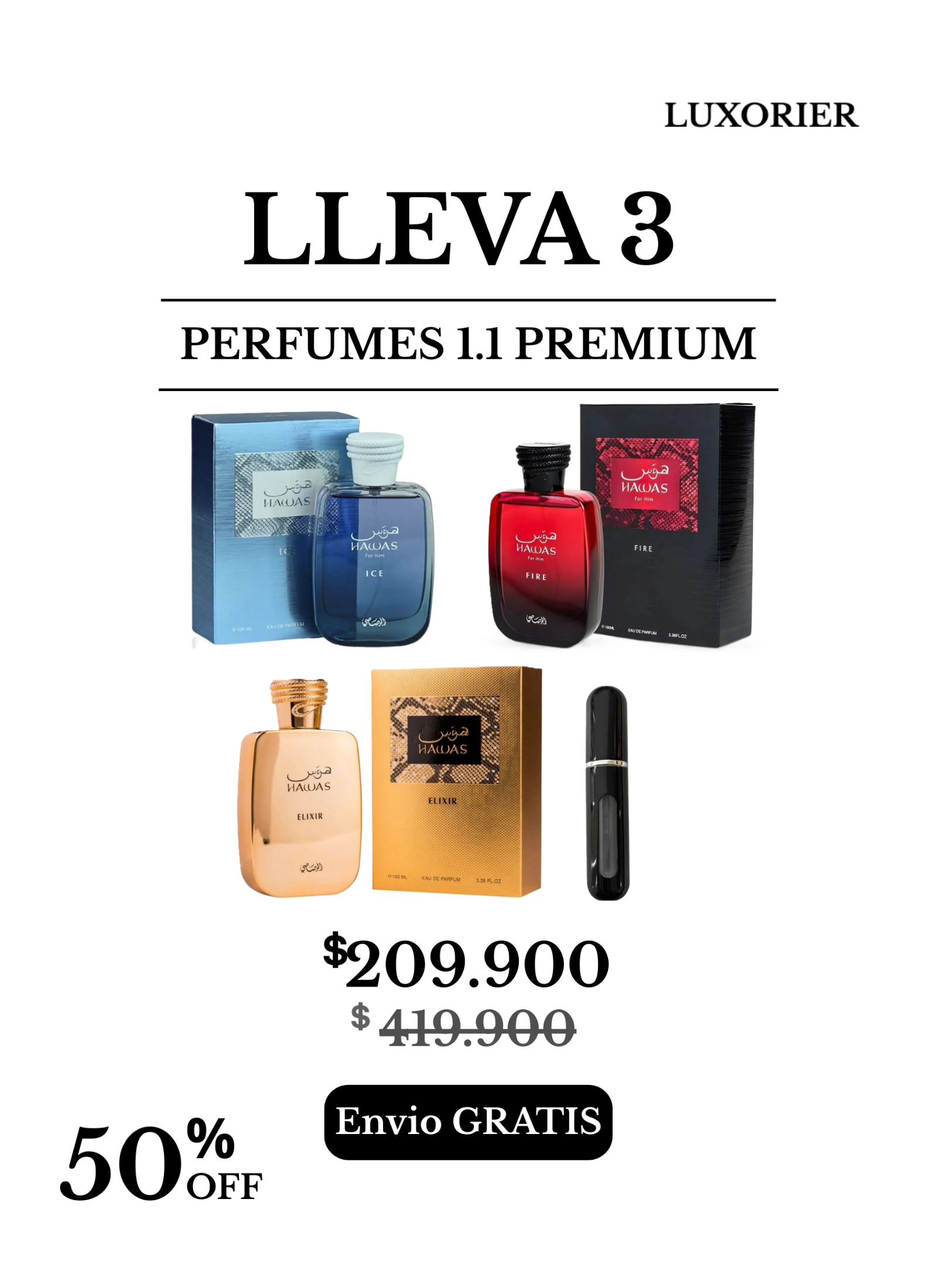 3 perfumes (hawas ice - hawas fire - hawas elixir) + 1 perfumero