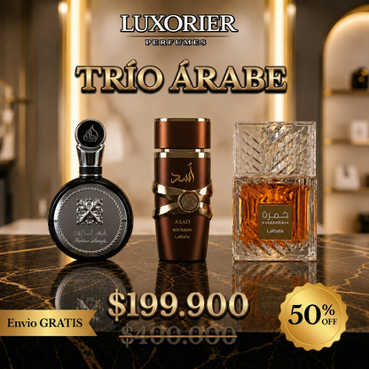 3 PERFUMES + 1 REGALO (Fakhar Black - Asad Bourbon - Khamrah + 1 Perfumero)