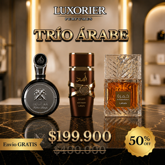 3 PERFUMES + 1 REGALO (Fakhar Black - Asad Bourbon - Khamrah + 1 Perfumero)