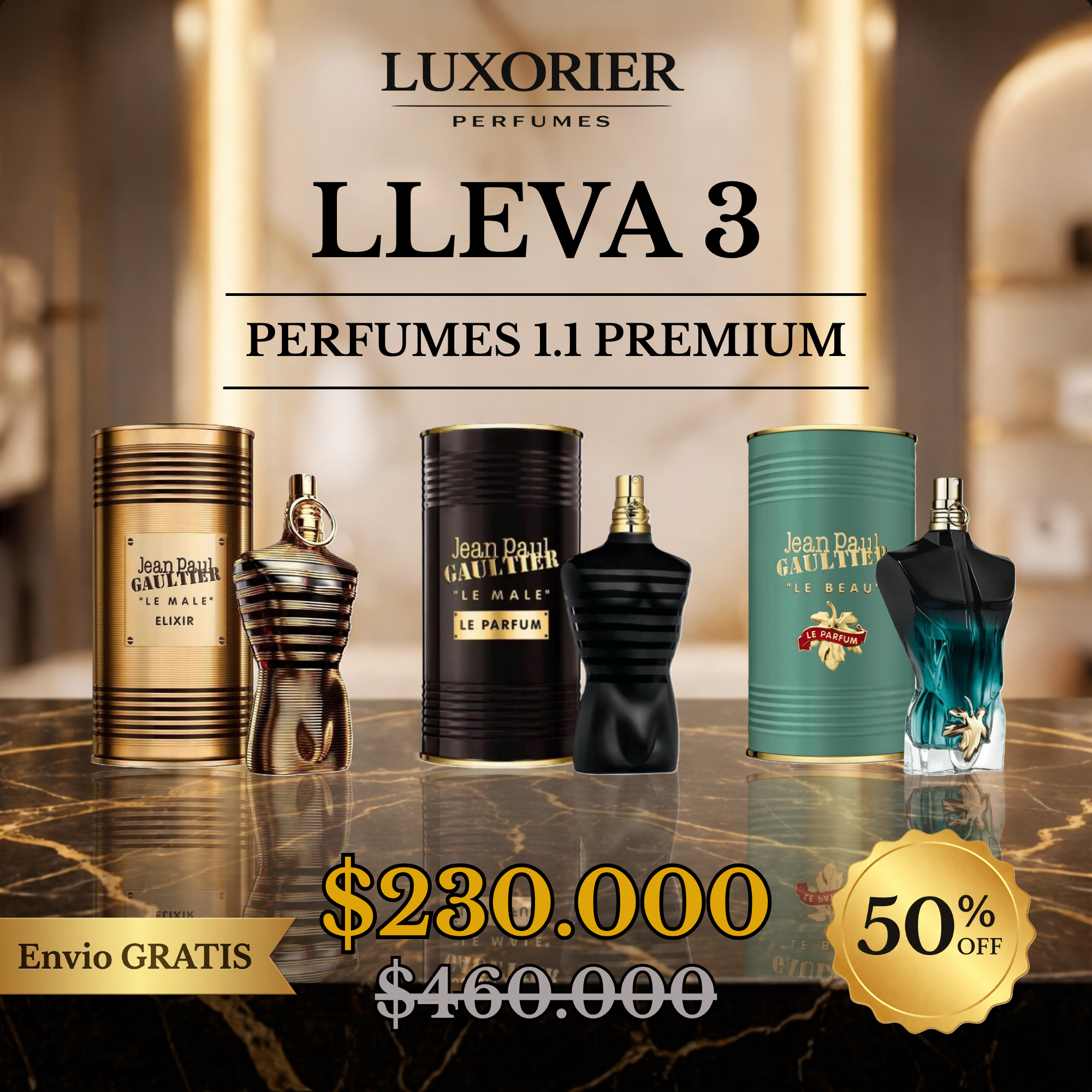 3 PERFUMES + 1 REGALO (le male elixir - le beau le parfum - le male le parfum + 1 Perfumero)