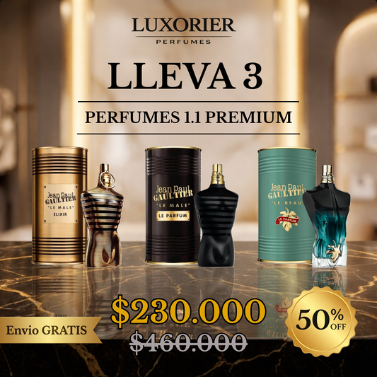 3 PERFUMES + 1 REGALO (le male elixir - le beau le parfum - le male le parfum + 1 Perfumero)