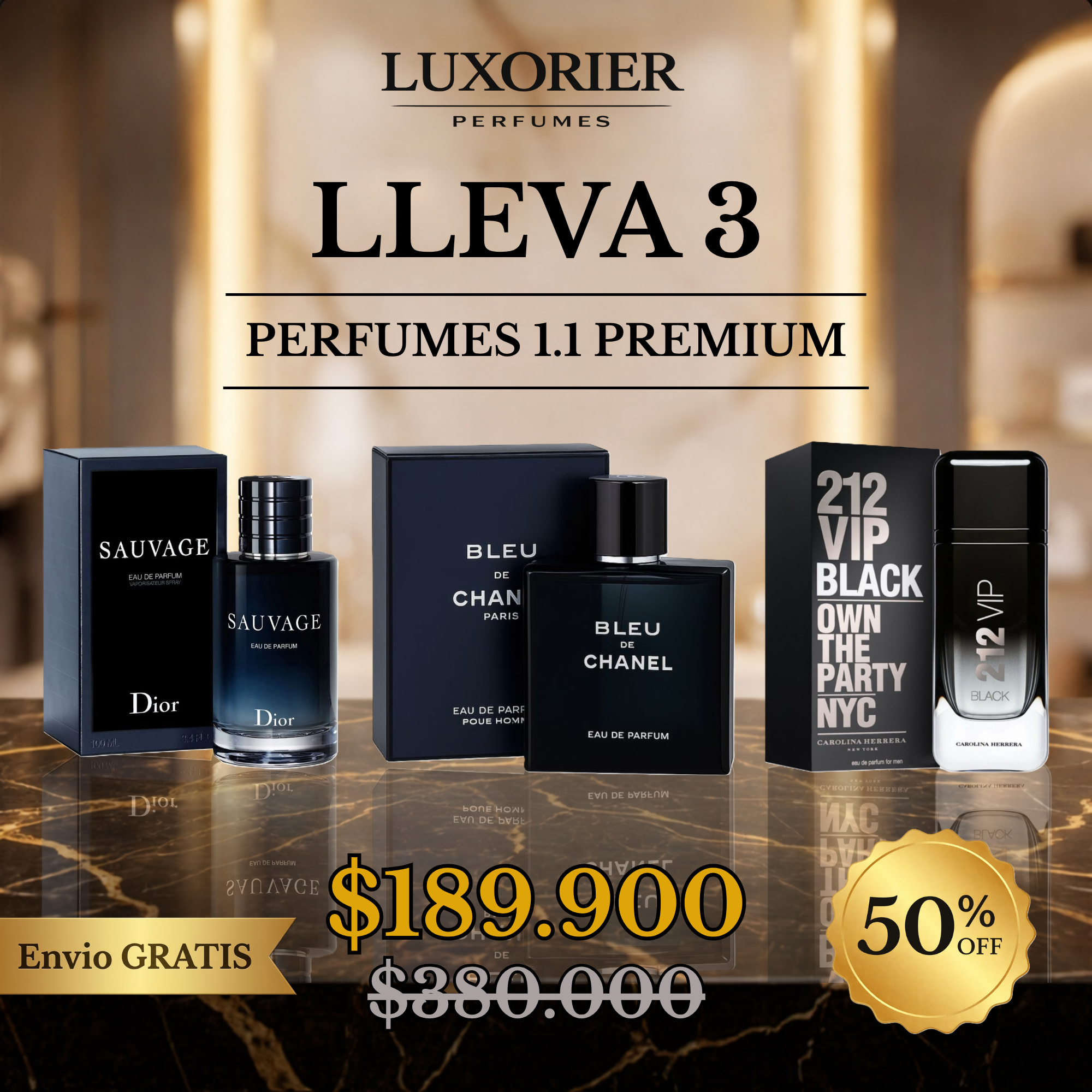 3 PERFUMES + 1 REGALO (sauvage edp - 212 vip black - bleu de chanel edp + 1 perfumero)