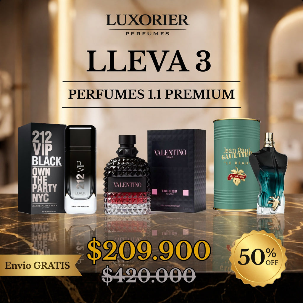 3 PERFUMES + 1 REGALO (212 vip black - Valentino BIR Intense - Le Beau Le Parfum + 1 perfumero)