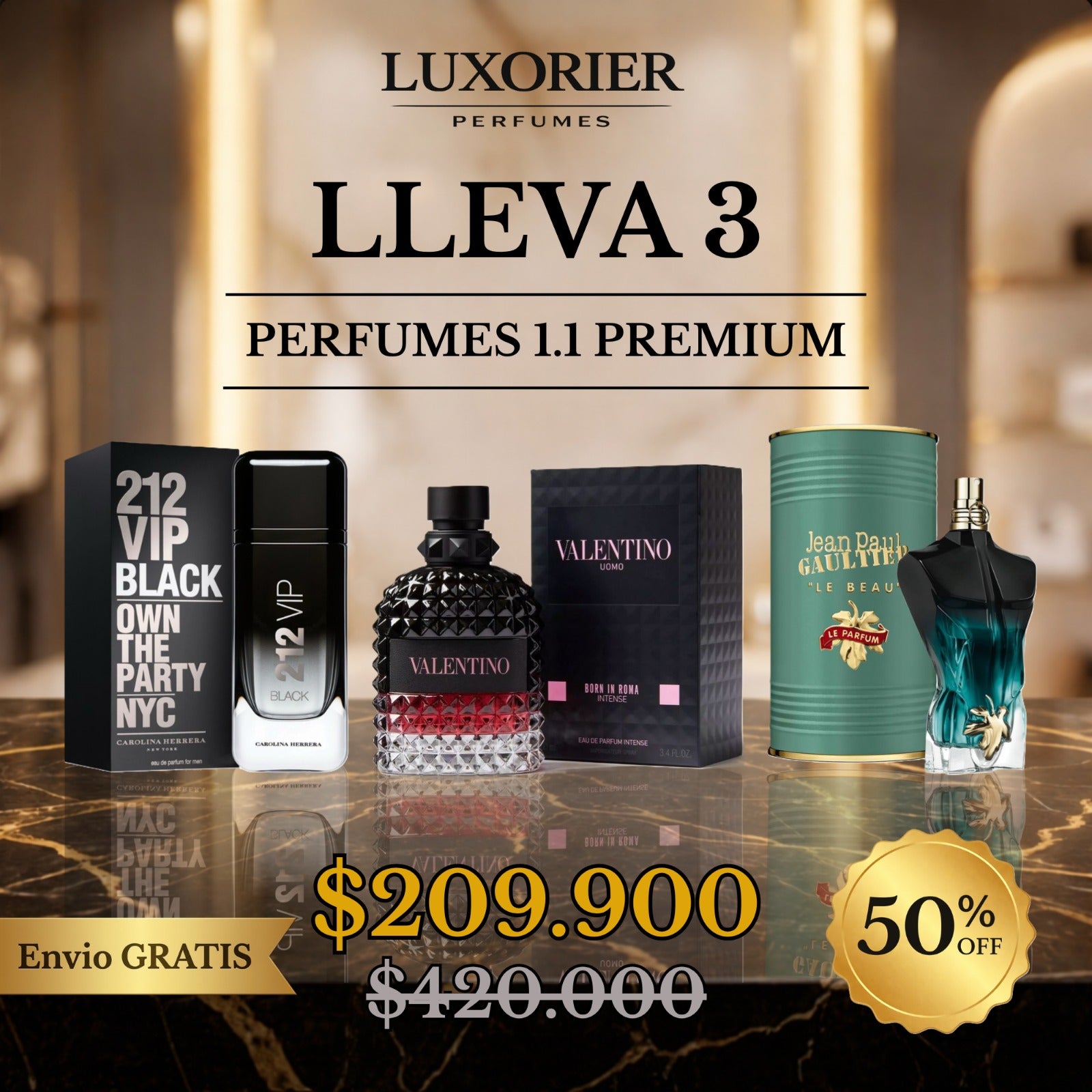 3 PERFUMES + 1 REGALO (212 vip black - Valentino BIR Intense - Le Beau Le Parfum + 1 perfumero)