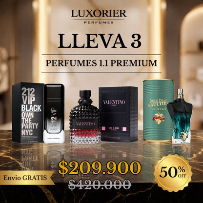 3 PERFUMES + 1 REGALO (212 vip black - Valentino BIR Intense - Le Beau Le Parfum + 1 perfumero)